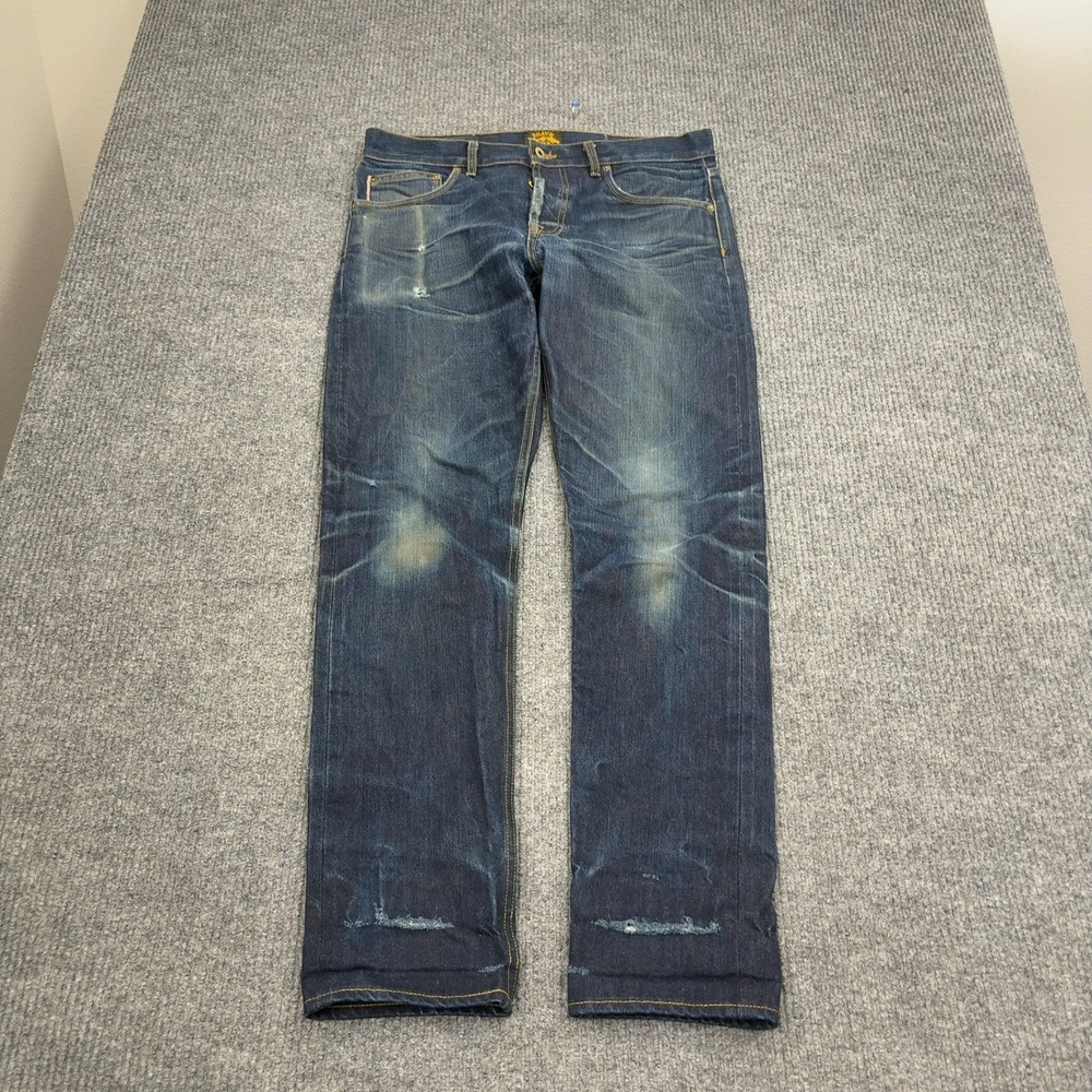 Brave Star Jeans Mens 34 Blue Cotton Selvedge Raw Denim Distressed Workwear